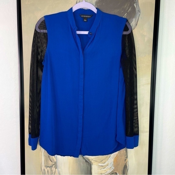 Rock & Republic Cobalt Blue Mesh Button Up Skull Blouse - Picture 1 of 5